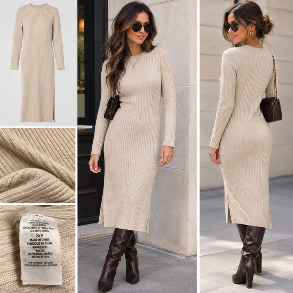 Vince Wool Cashmere Ribbed Knit Midi Sweater Dress Oatmeal Beige Small